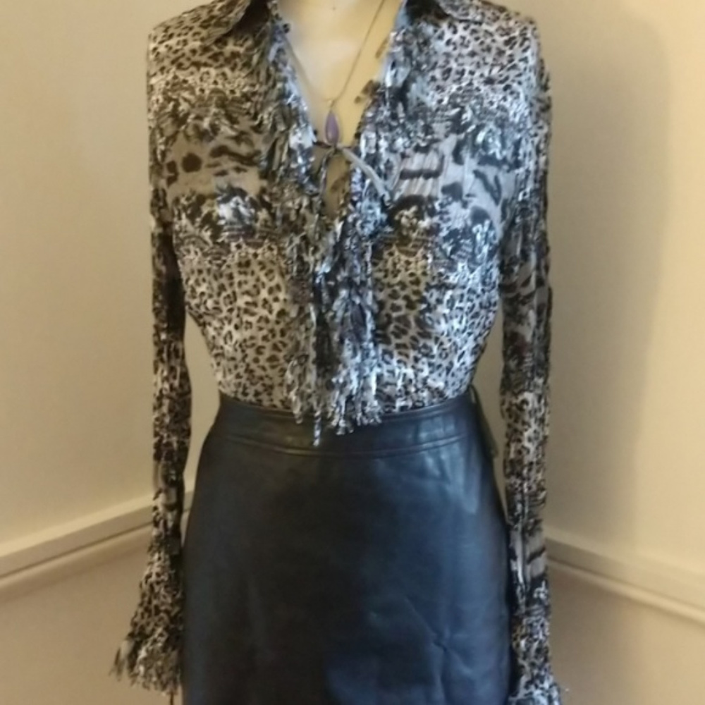 Ribbon Cut Animal Print Neutral Colors Nearly Sheer Blouse NWT